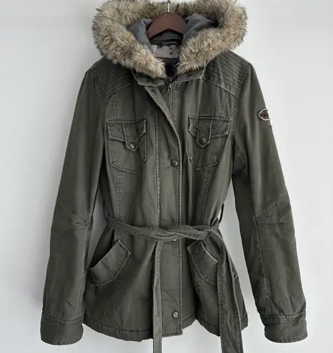 Buffalo Parka Jacket Womens Large Green Y2K Faux Fur Hoodie Military Bella Swan