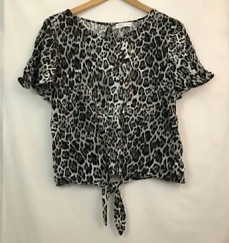 Socialite NEW NWT  Tie Blouse Leopard Cheetah Animal Black Gray Short Sleeve Top