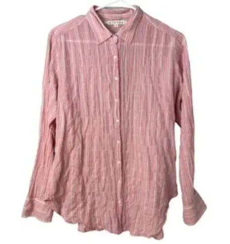 Xirena Scout Gauze Cotton Long Sleeve Button Down Pink/Grey Stripe XS Pink
