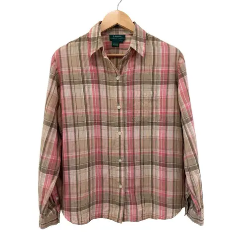 Ralph Lauren Womens L 100% Linen Button Up Shirt Pink Green Tartan Plaid Country Size L