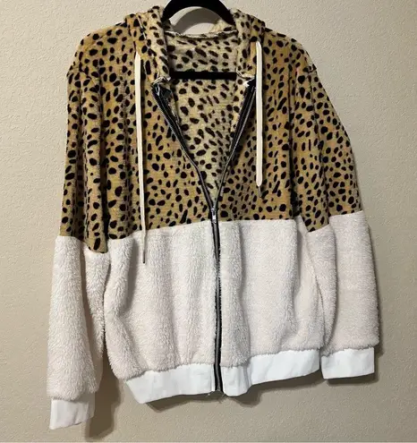Leopard and White Sherpa Fur Zip Up Hoodie Jacket Size L