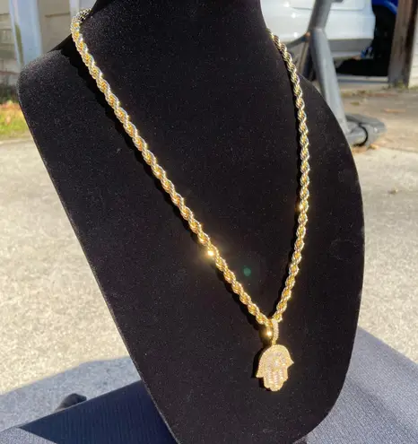 Gold Chain Rope Chain 24in 6mm And Icy Hamsa Pendant Set