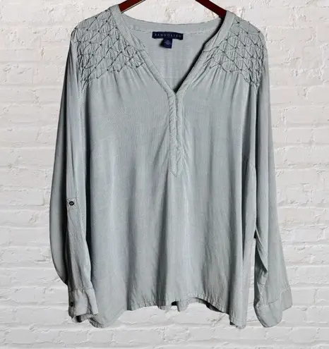 Bandolino Women Lightweight Beaded Blue Striped Roll Tab Long Sleeve Trinity Blouse Size XXL