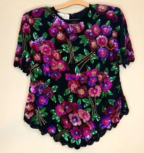 Laurence Kazar Vintage Sequin Floral Pink and Purple Flowers Size XL