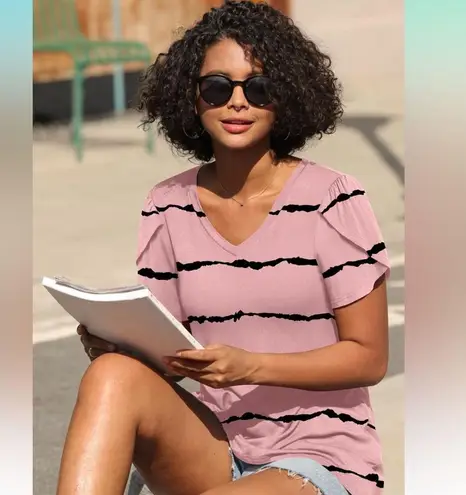 🦋 Pink and Black Striped Women's Top Casual Comfy Stretch Soft XXL