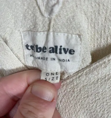 Tribe Alive Handmade Cotton Stripe Fringe Kaftan Poncho in Ivory/Pink OS