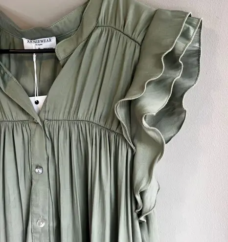 Annie Wear Olive Green Button Down Ruffle Sleeve Blouse Top Size M