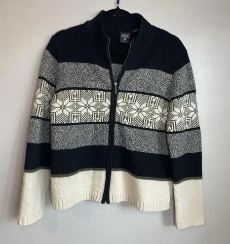 Nordic Design 100 % Lambswool Sweater Women Petite Medium Cardigan Zip Fair Isle Black