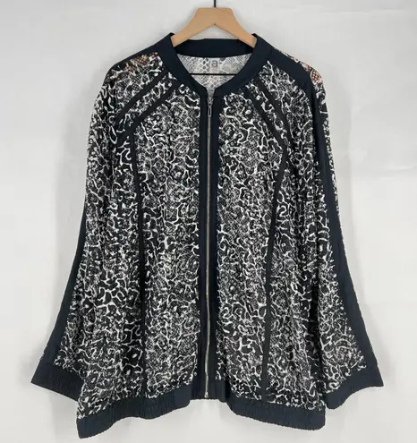 Black & White Avenue Sheer Bomber Jacket Womens 26/28 (3X) Black White Leopard Print Full Zip