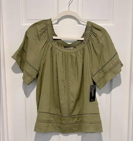 Liverpool Cropped Bell Sleeve Woven Top Lace Trim Small Eucalyptus Green Blouse