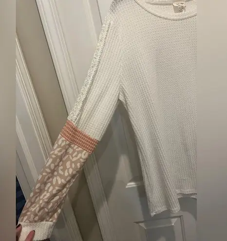 White Waffleknit top with Pink cheetah and lace accents Long Sleeve Top by BiBi Size L