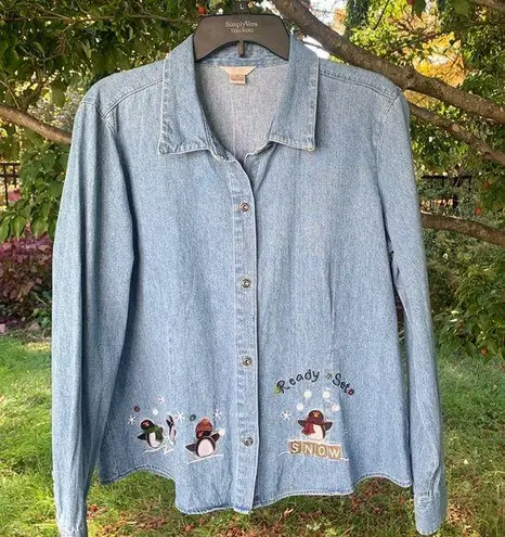 Christopher & Banks Denim Penguin Shirt XL