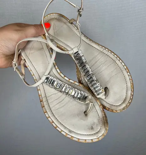 Brian Atwood Embellished Thong Sandals Size 6.5 Beige Leather Dress Shoes Tan