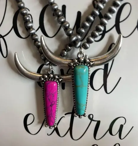 New Blue and Silver Longhorn Pendant on 18” Beaded Navajo Style Chain