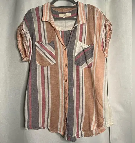 Thread and Supply  Linen Striped Button Up Top