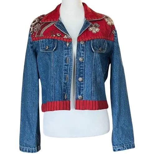 Vintage 90s Denim Jacket with Red Bandana Pattern Panels. 100% Cotton. Medium. Blue