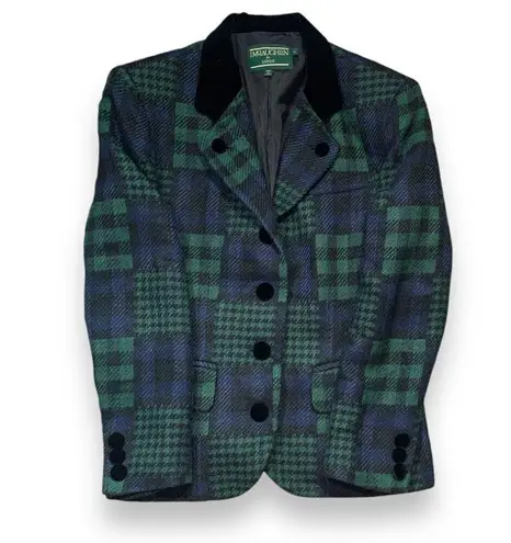 J. McLaughlin Vintage Blazer Jacket Sharp Shoulder Patchwork Green Plaid Velvet