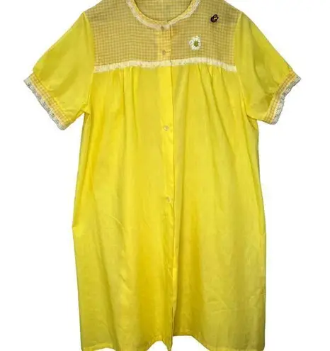 Vintage Archdale Maid House Coat Robe Button Front Yellow Gingham Bee M Lace Size M