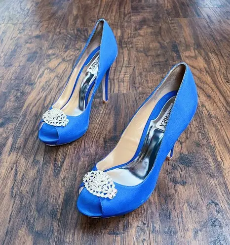 Badgley Mischka • Goodie Peep Toe Pumps satin jeweled Royal Blue Silk crystal