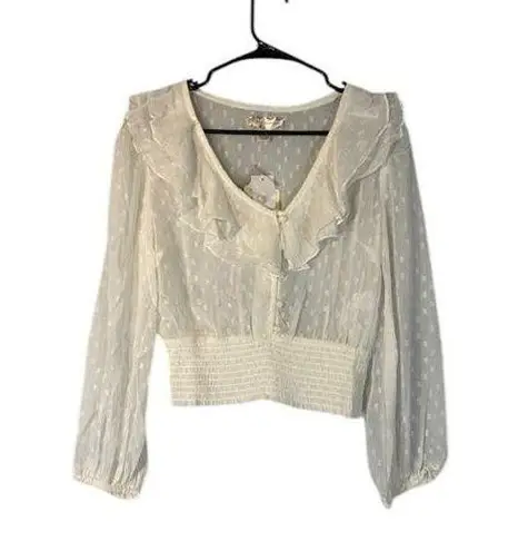 BOG Collective Cream Long Sleeve Ruffled Polka Dot Sheer Blouse Top Women Sz S