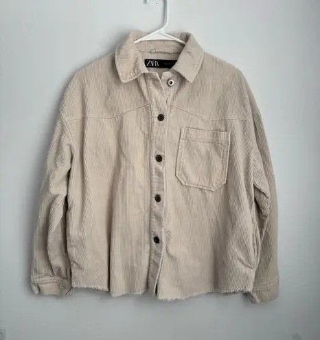 ZARA   Cream White Corduroy Full Button Boxy Shacket Pockets Raw Hem Size S - Image 1