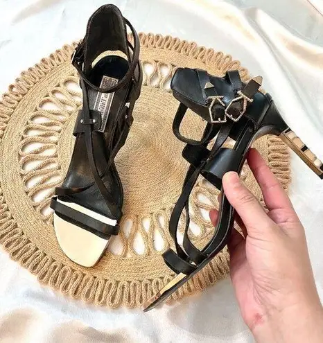 Ivy Kirzhner Black Leather Lacquered Detail Strappy Heels Size 8.5