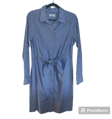 NWOT Calvin Klein Blue & White Striped Tie Front Shirt Dress 100% Cotton Size 8