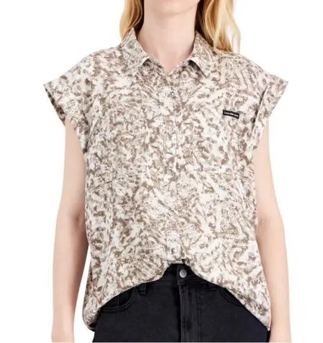 NWT Calvin Klein Jeans Tencel Button Down Collar Sleeveless Summer Snakeskin 2X Brown