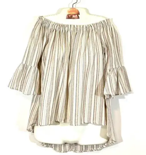 RSMR ROSSMORE Portia Woven Tops Off Shoulder Hi Low Hem Bell Sleeves Small Blush