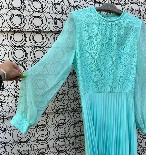 60s 70s blue polyester accordion pleat skirt lace top sheer sleeve maxi dress