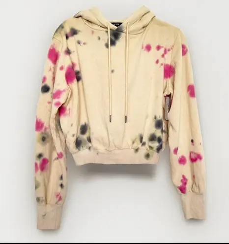 NWT AFRM Cropped Hoodie Sweatshirt SMALL Beige Tan Pink Tie Dye Drawstring