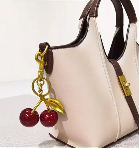 Gold Cherry Purse Charm Keychain | Red Glitter Fruit Bag Accessory