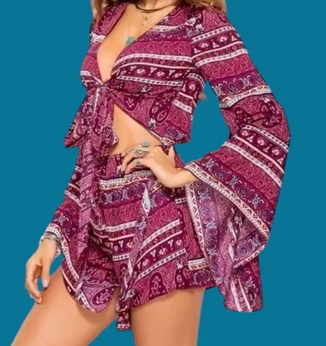 Boutique Bohemian Paisley Tie-Front Bell Sleeve Romper w Cut Out Detailing.