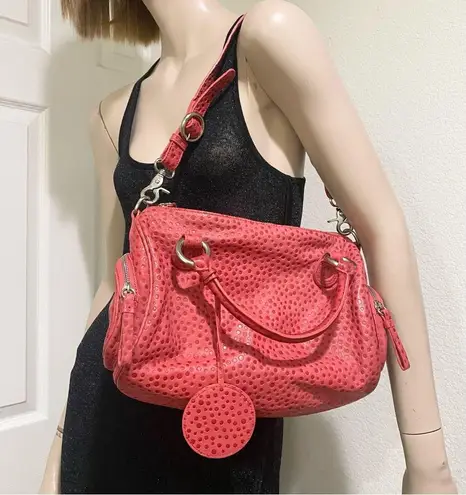 INGE Pinkish Red Polka Dot Textured Leather Satchel Shoulder Bag