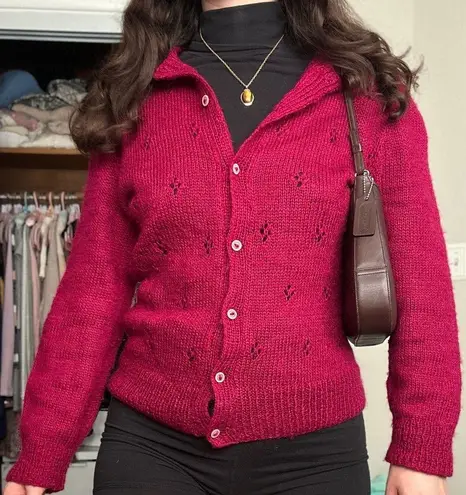 Handmade Gorgeous Knit Berry Red Wool Cardigan Pointelle Fits like Medium