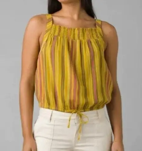 prAna NWT  Smocked Sleeveless Tie Little Palm Stripe Cami Crop Top L Yellow