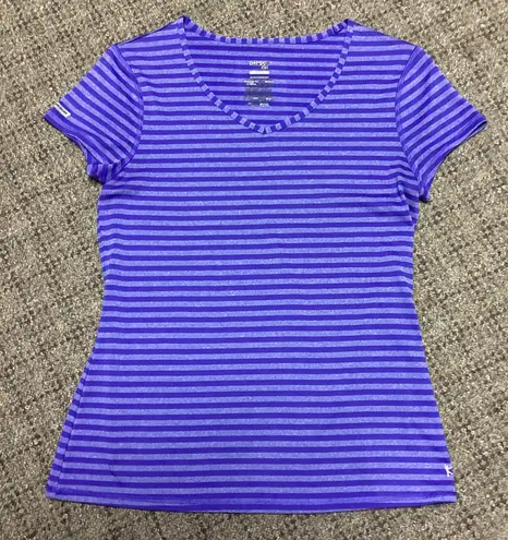 Danskin Now Athletic Semi Fitted V- neck Purple Striped Short Sleeve Shirt Size Medium