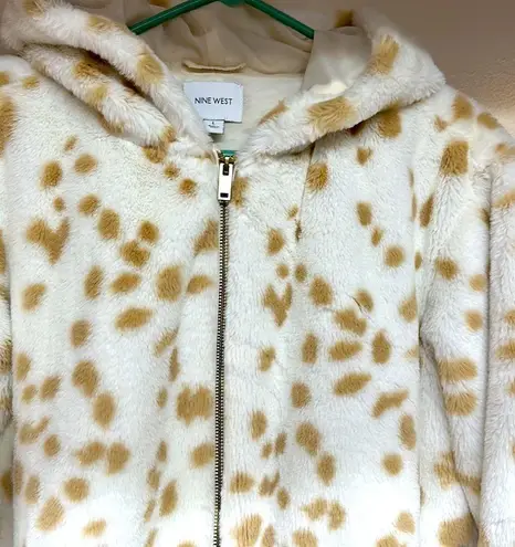 Nine West Snow Leopard Faux Fur Hooded Zip up Jacket