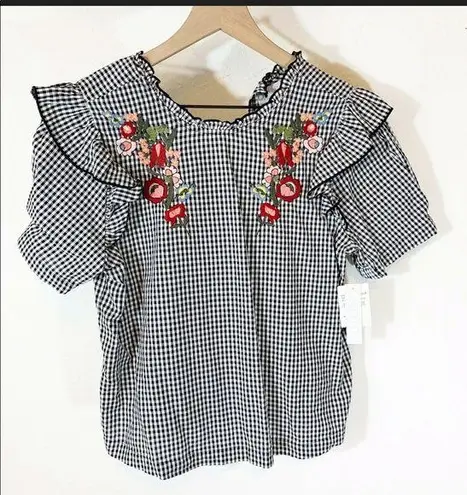 Abound  Gingham Embroidered Ruffles Top