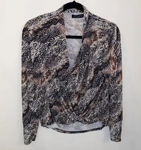 Ariella Snakeskin Crocodile Print Surplice V-Neck Long-Sleeved Blouse Top