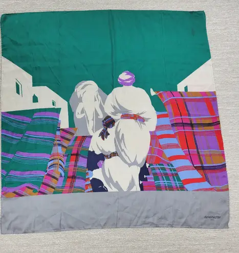 VTG Daniel Hechter Silk Scarf 30" Square Green Plaid Elephant Hand Rolled
