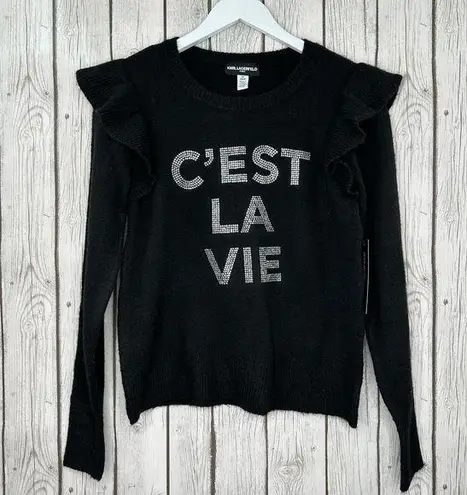 Karl Lagerfeld Sweater Women’s Size Small Black Ruffle “C’est La Vie” NWT