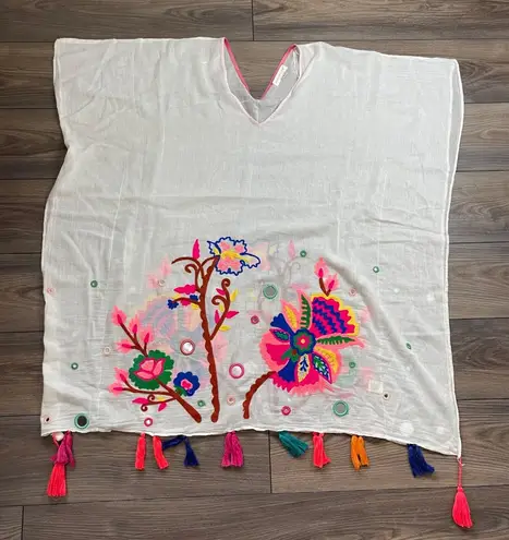 Lovestitch Granada Caftan Women's One Size White Floral Embroidered 100% Cotton