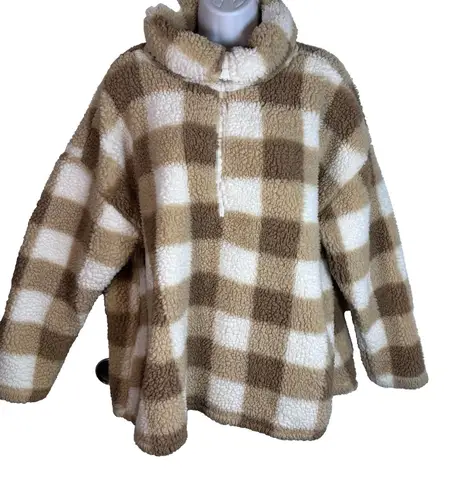 Dip Sherpa Fleece Plaid Pullover Tan & White Checkered Teddy Size 2XL 1/2 Zip Brown