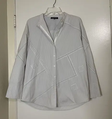 LAFAYETTE 148 new york gray stripe diamond button down cotton blouse medium Gray