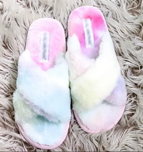New Boutique Fur Slippers Criss Cross Fluffy Flat Slide Sandal Multiple Size 6