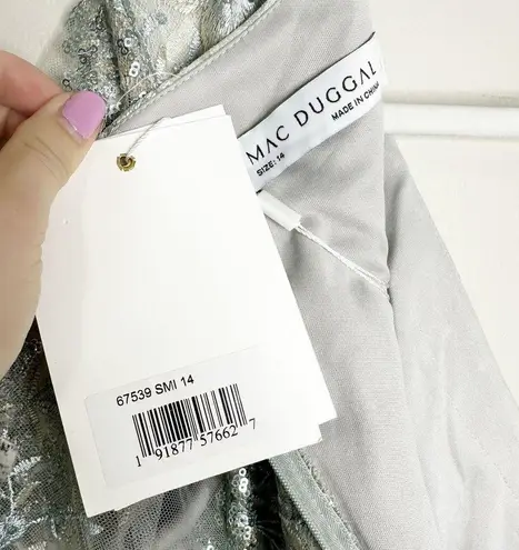 Mac Duggal 67539 Sea Mist Embellished Illusion V Neck Long Sleeve Gown 14 $698