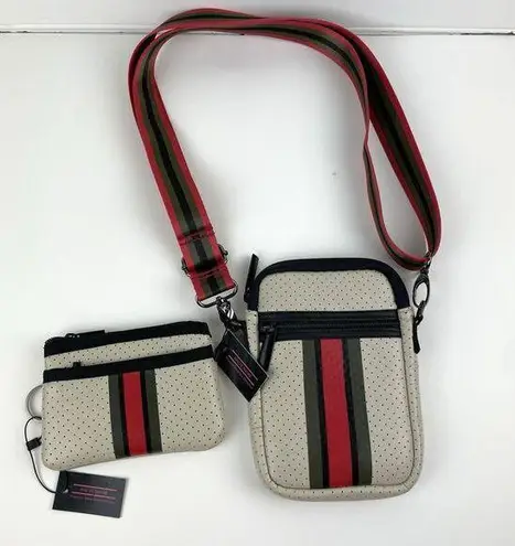 Haute Shore Casey Crossbody Bag Beige Neoprene Red Green Black Accents Roma LOT Tan