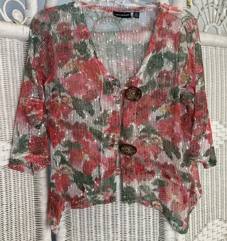 Nina Leonard Floral Open Knit Cardigan Red Green Button Front Lightweight Topper