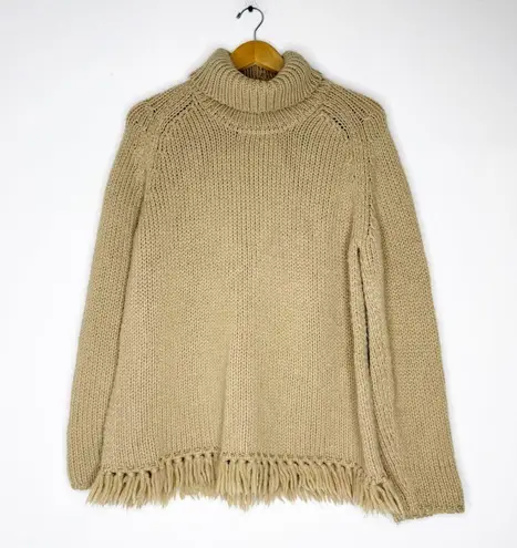 Bogner Wool Alpaca Blend Turtleneck Sweater with Fringe Hem – Size XL Tan